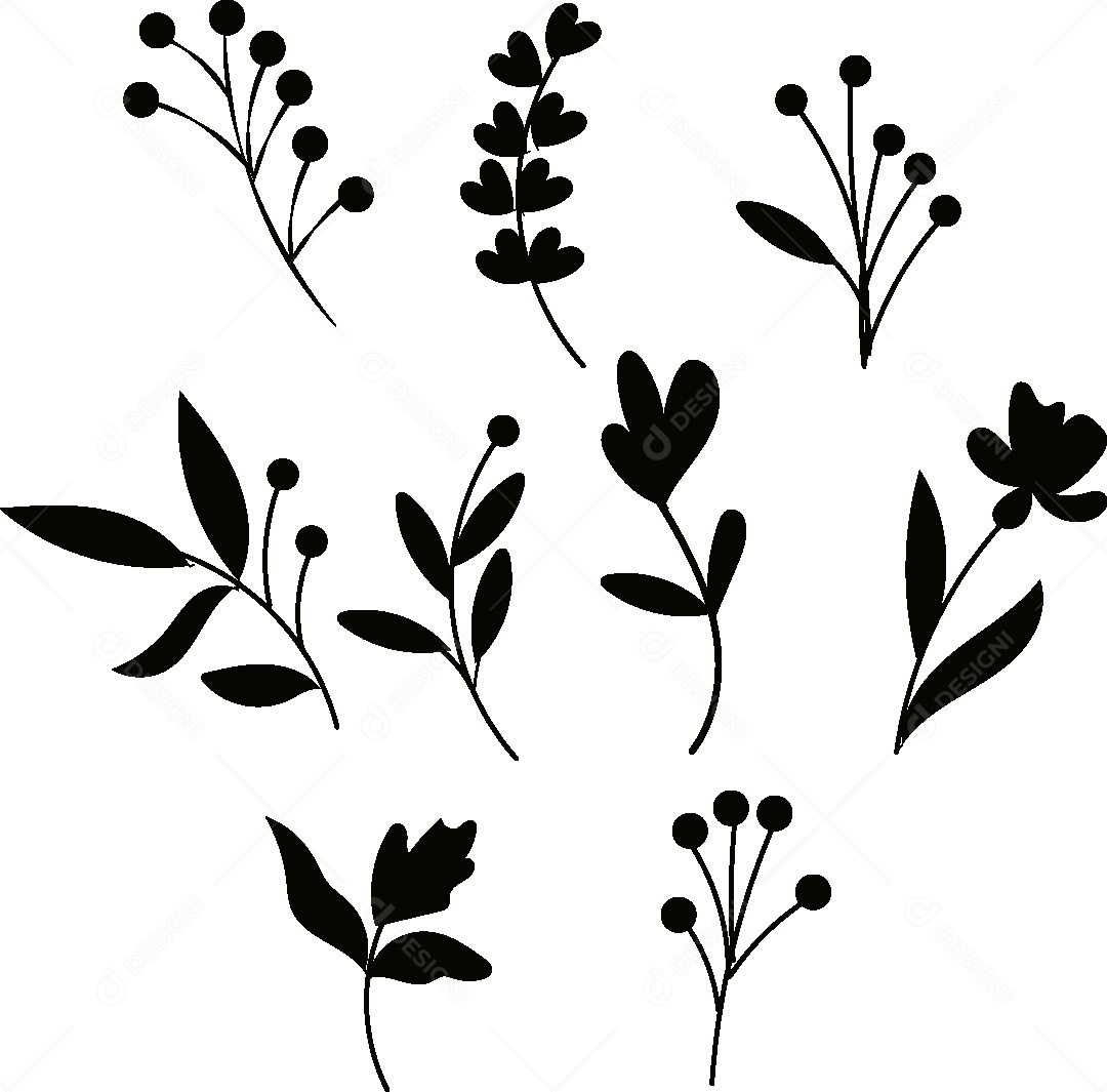 Silhueta de Desenhos de Flores e Folhas Vetor EPS