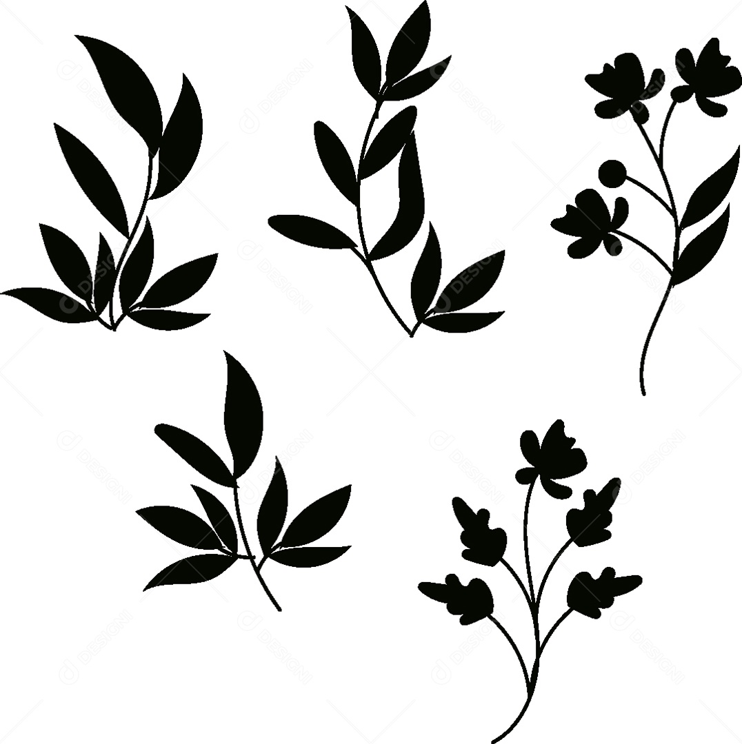 Silhueta de Desenhos de Flores e Folhas Vetor EPS