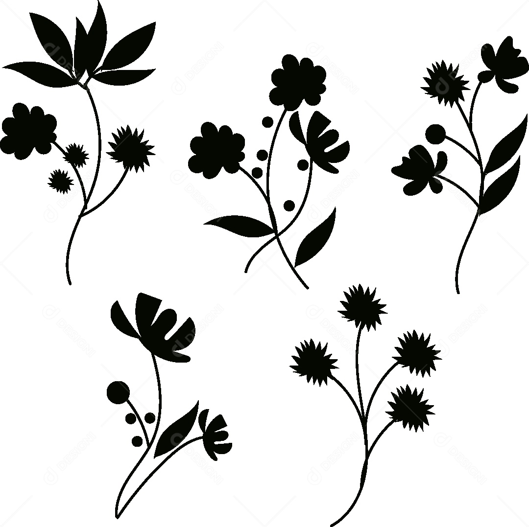 Silhueta de Desenhos de Flores e Folhas Vetor EPS