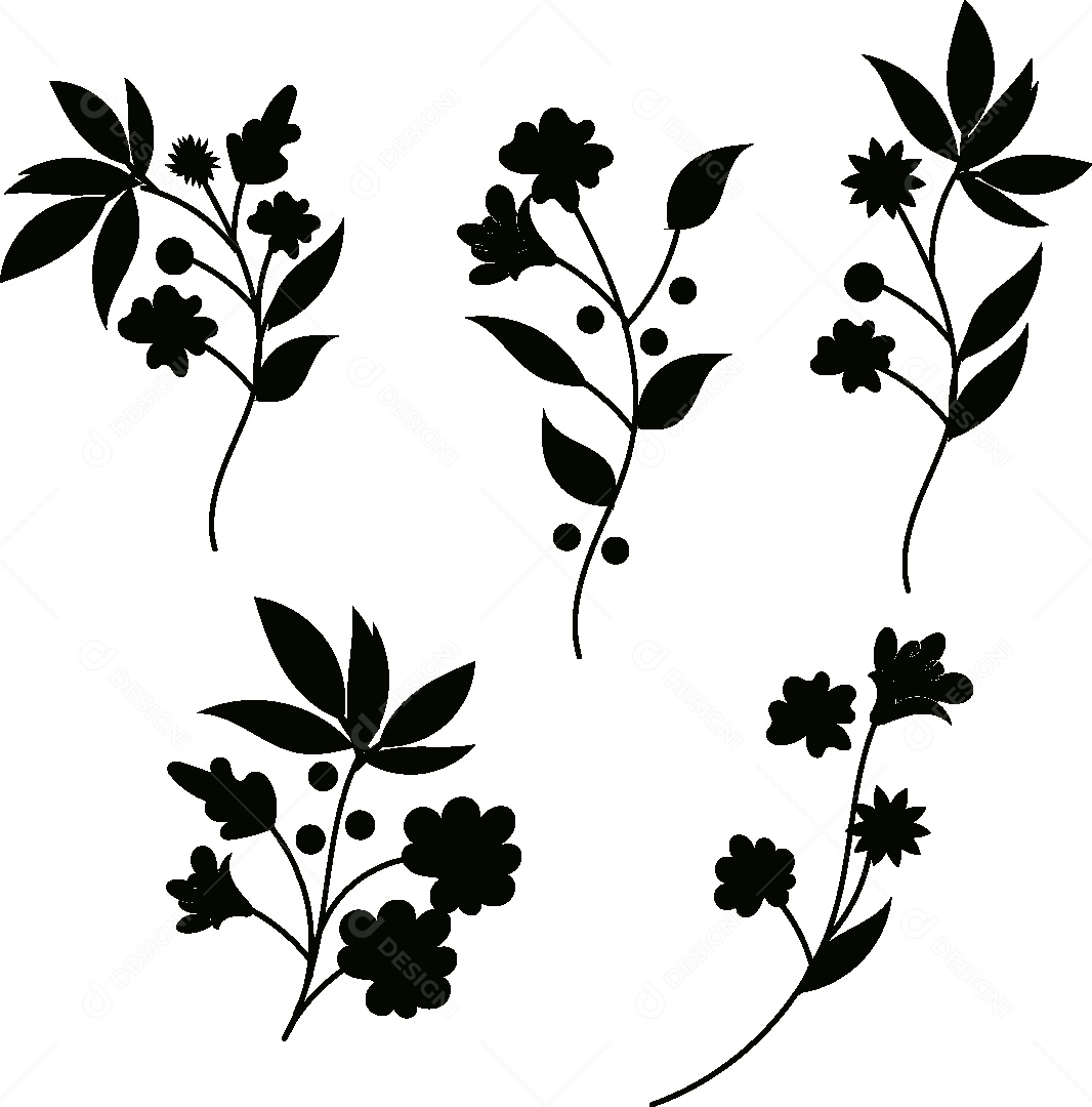 Silhueta de Desenhos de Flores e Folhas Vetor EPS