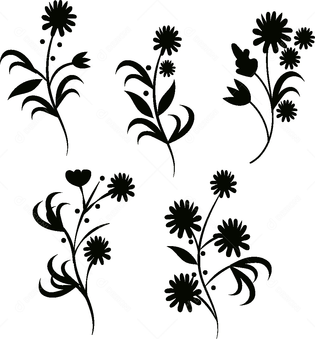 Silhueta de Desenhos de Flores e Folhas Vetor EPS