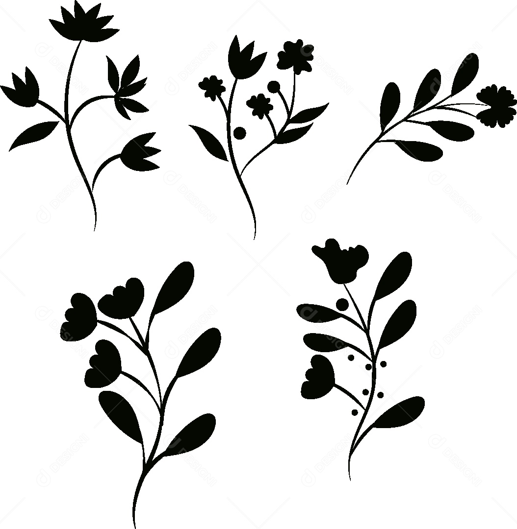 Silhueta de Desenhos de Flores e Folhas Vetor EPS