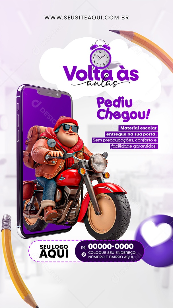 Story Volta às Aulas Pediu Chegou Material Escolar Entregue na sua Porta Social Media PSD Editável