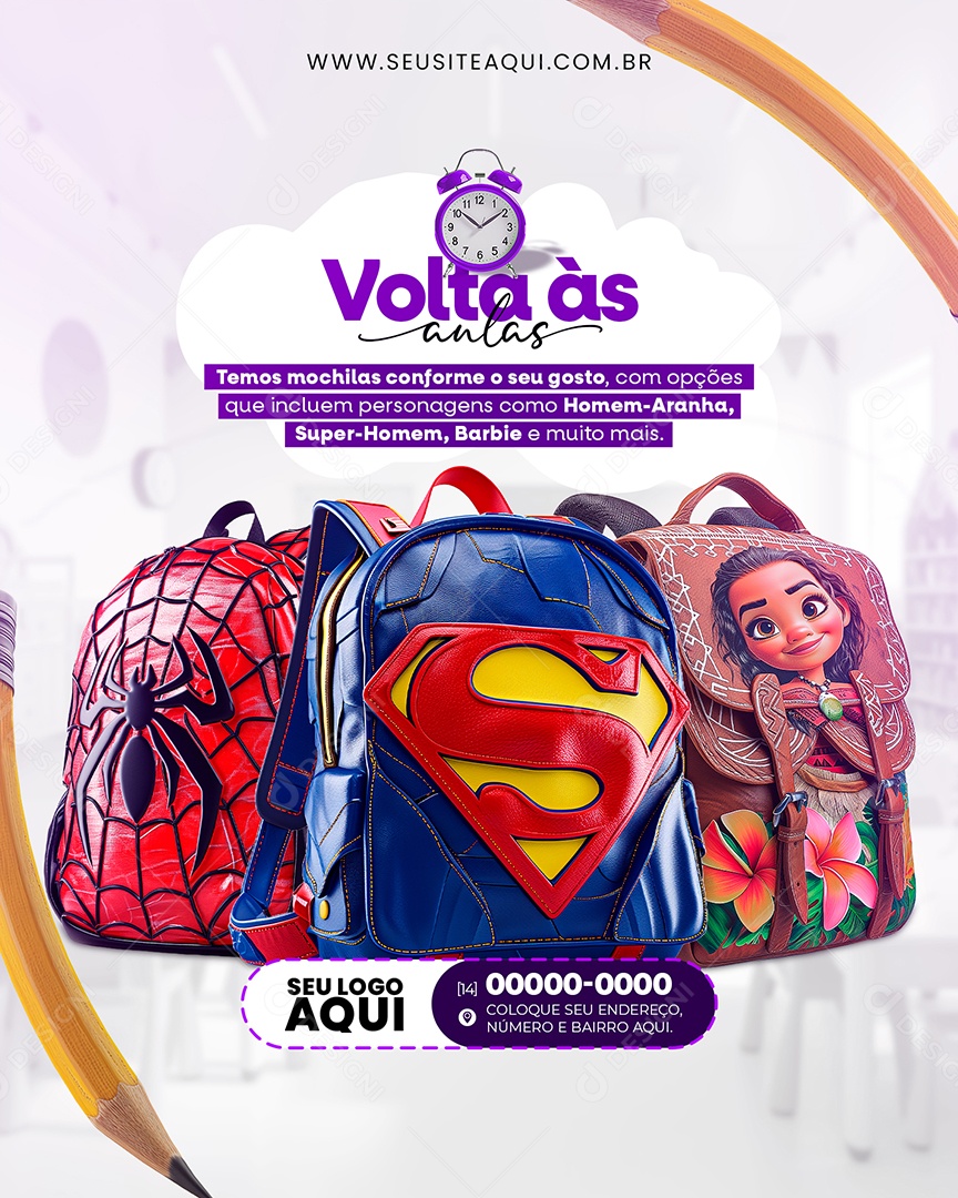 Volta às Aulas Temos Mochilas Conforme o seu Gosto Social Media PSD Editável