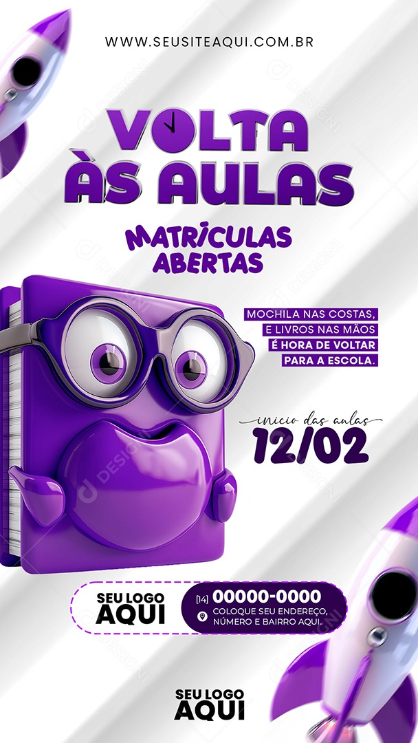 Story Volta às Aulas Mochila nas Costas e Livros nas Mãos Social Media PSD Editável