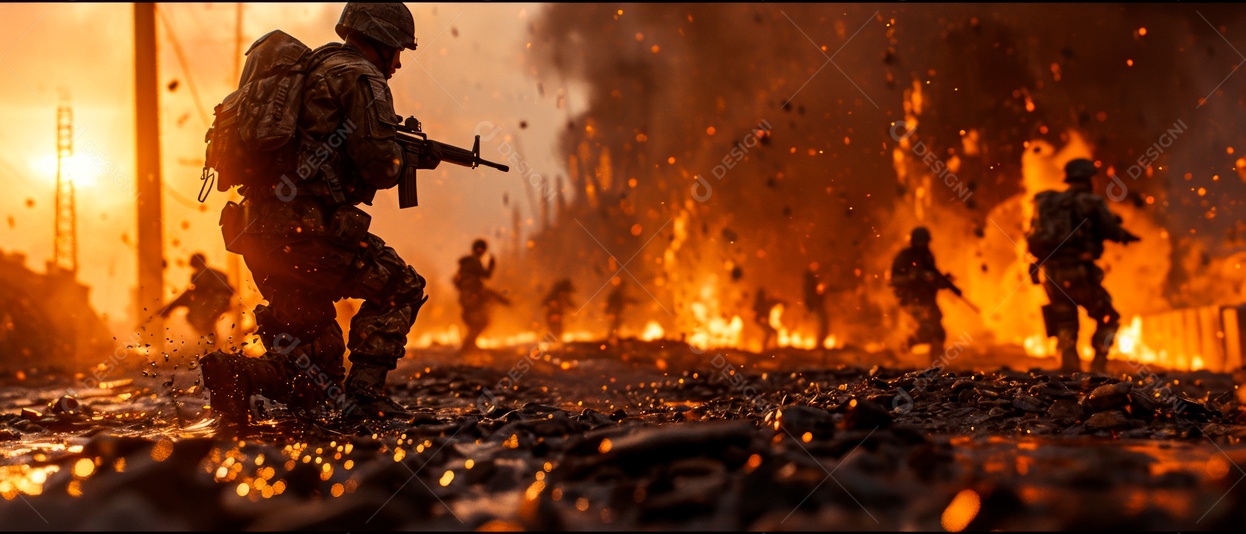 Os soldados estão travando uma guerra. IA generativa.