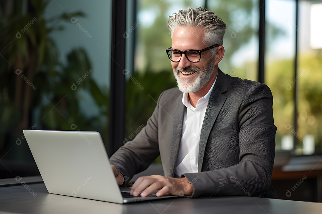 Velho empresário sorrindo em reunião online com amigos