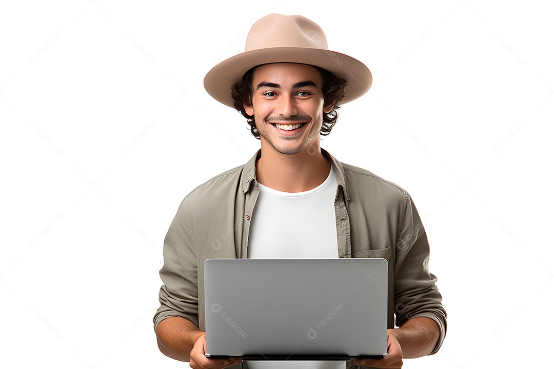 Jovem sorridente usando chapéu e mexendo em laptop