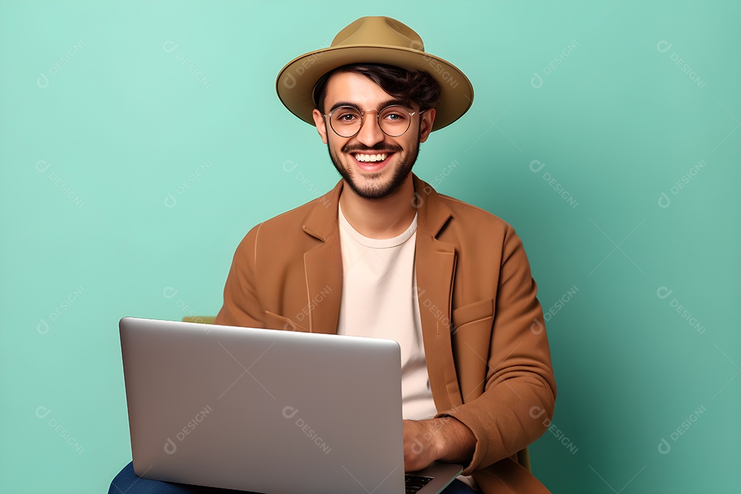 Homem feliz sentando mexendo em laptop