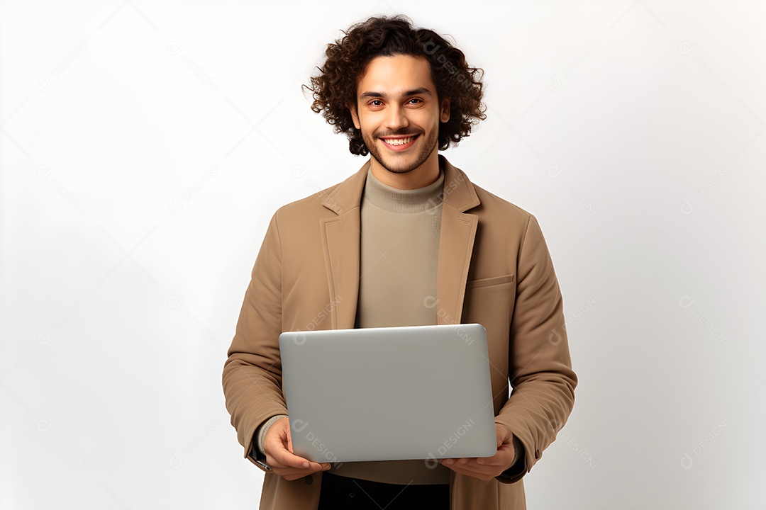 Jovem sorridente segurando laptop