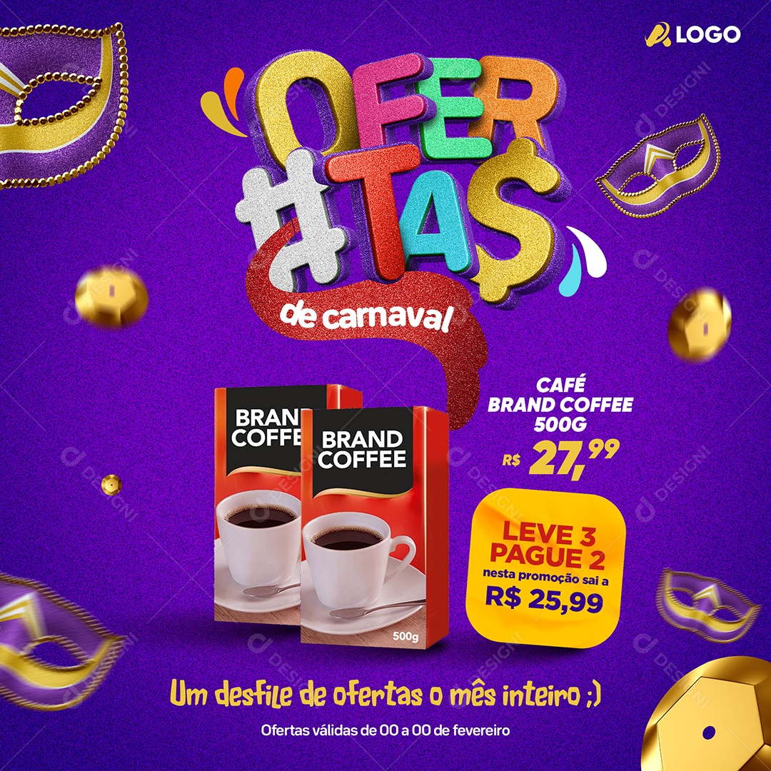 Supermercado Ofertas de carnaval Café Brand Social Media PSD Editável