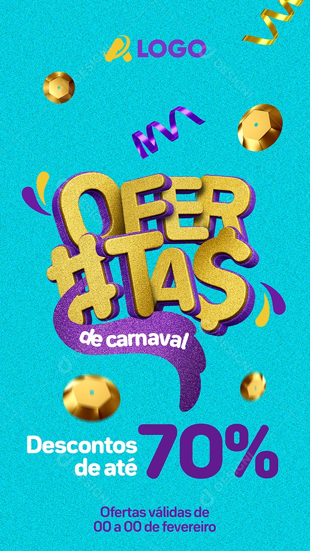 Story Ofertas de carnaval Descontos de até 70% Lojas Social Media PSD Editável