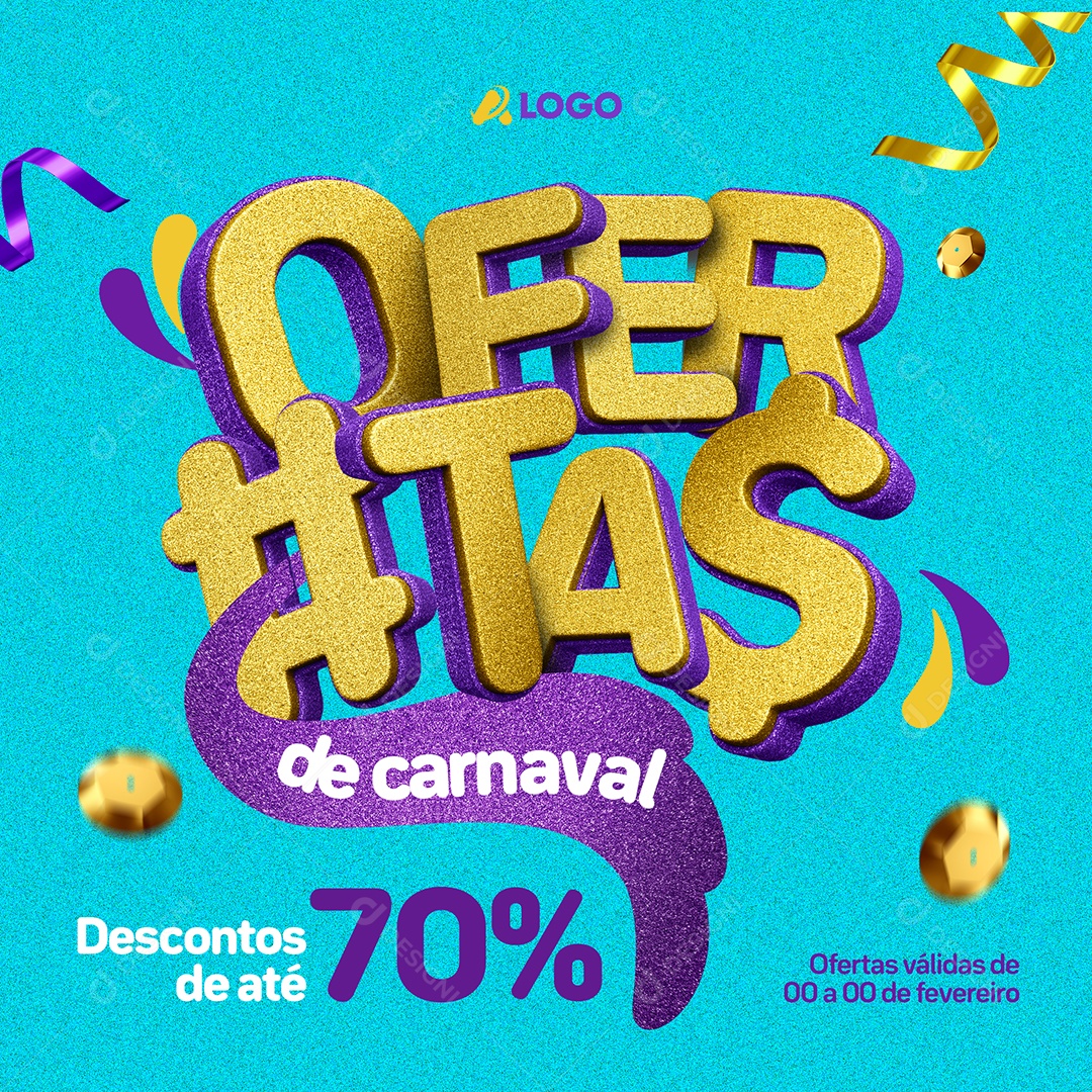 Ofertas de carnaval Descontos de até 70% Lojas Social Media PSD Editável