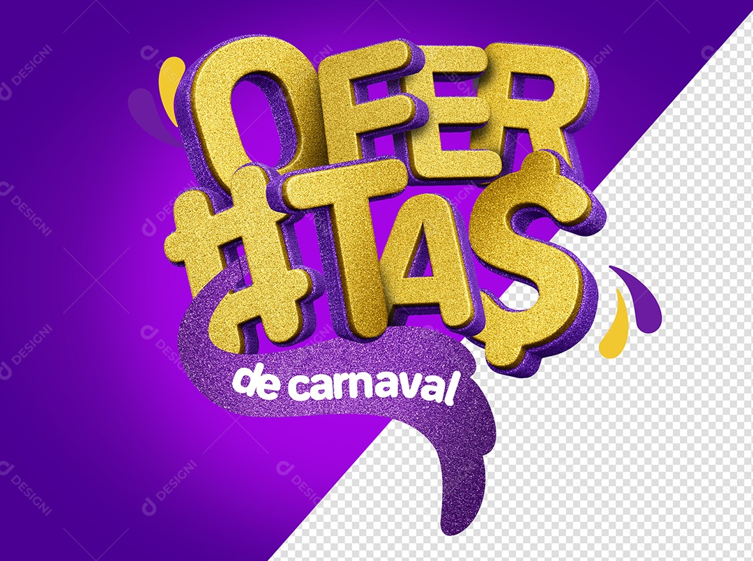 Ofertas De Carnaval Texto 3D Dourado e Roxo para Composição PSD