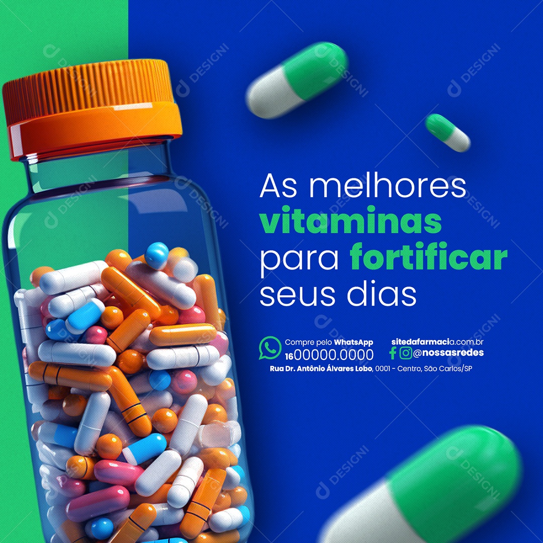 Farmácia  As melhores vitaminas para fortificar seus dias Social Media PSD Editável