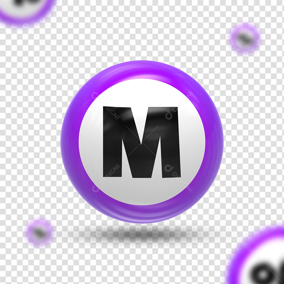 Letra M Maiúsculo Elemento 3D Preto Roxo e Branco para Composição PSD