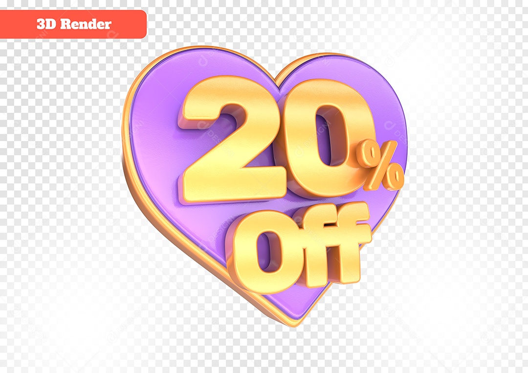 Número 20% Off Desconto do Dia dos Namorados Elemento 3D para Composição PSD