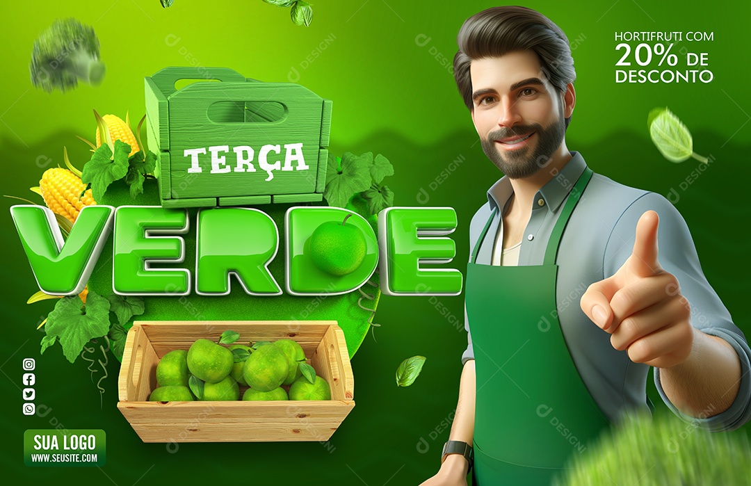 Banner Terça Verde Hortifruti com 20% de Desconto Social Media PSD Editável