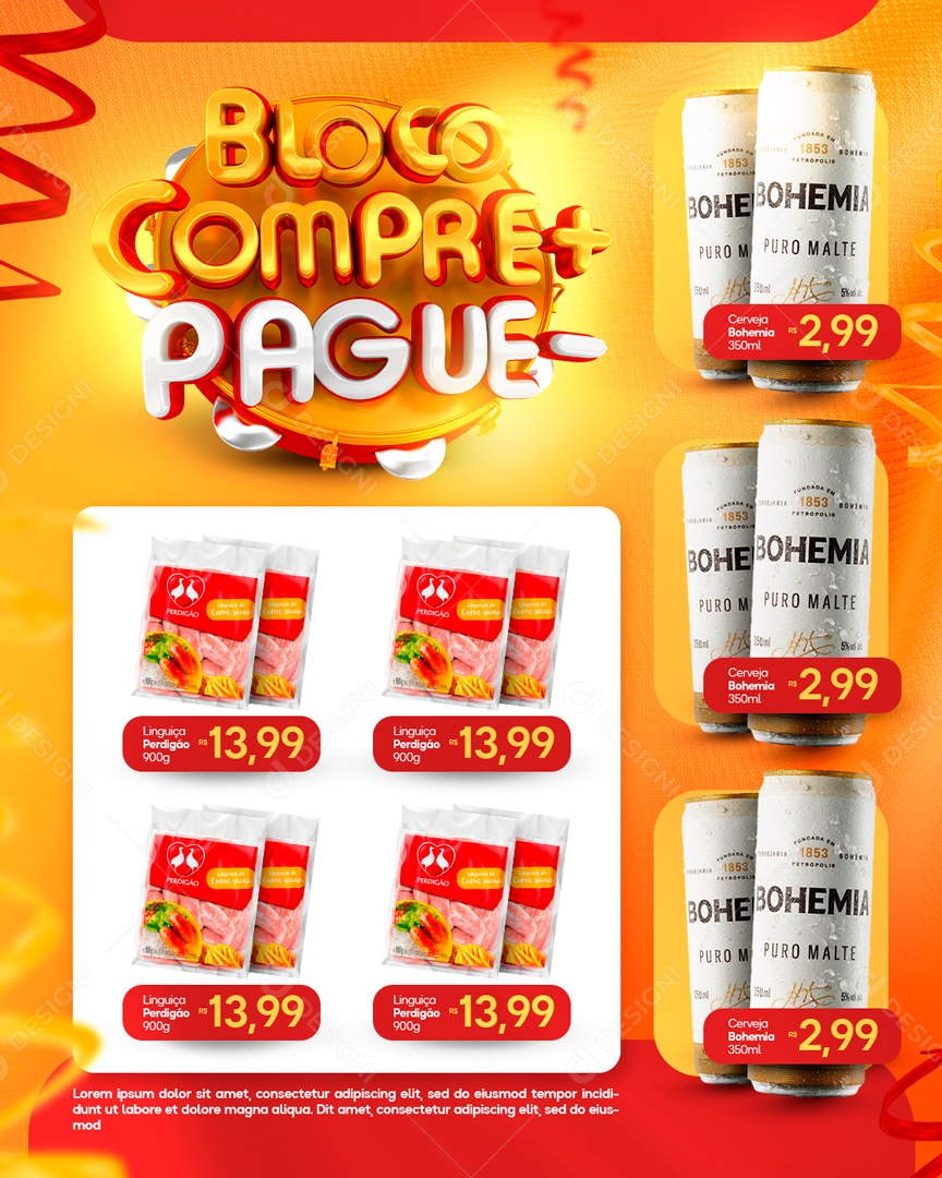 Bloco Compre mais e Pague menos Linguiça Perdigão 13,99 Cerveja Bohemia 2,99 Social Media PSD Editável
