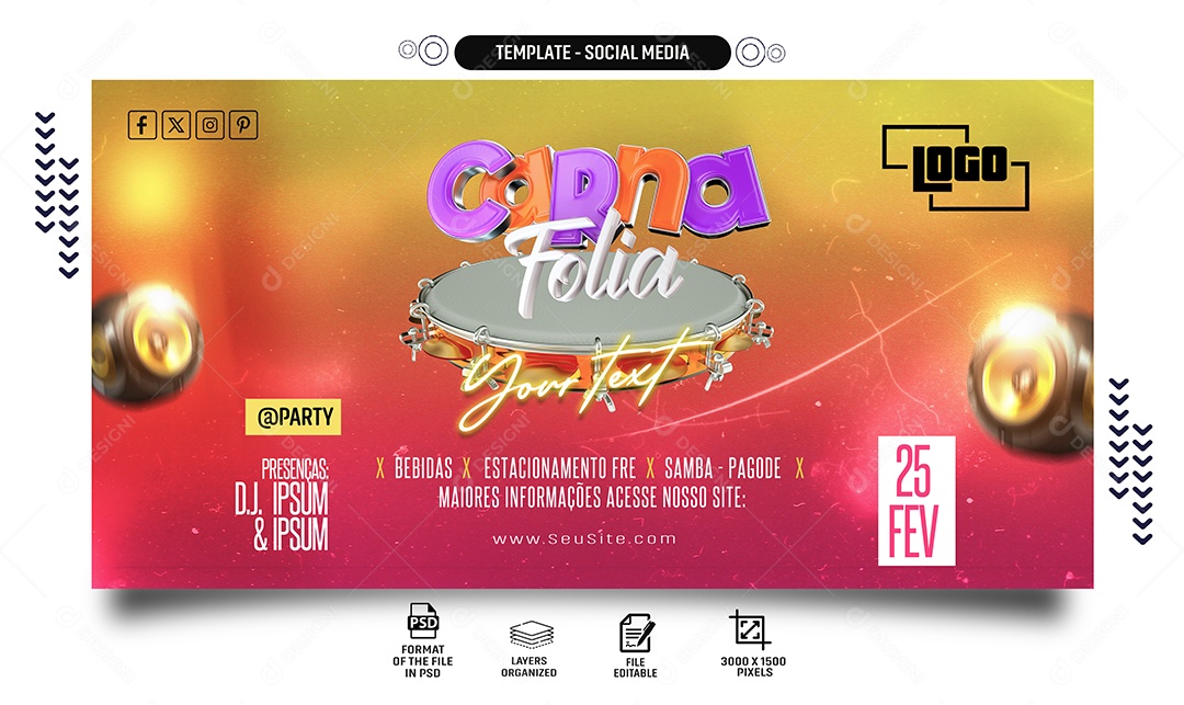 Banner Carna Folia Vem Curtir o Carnaval com a Gente Social Media PSD Editável