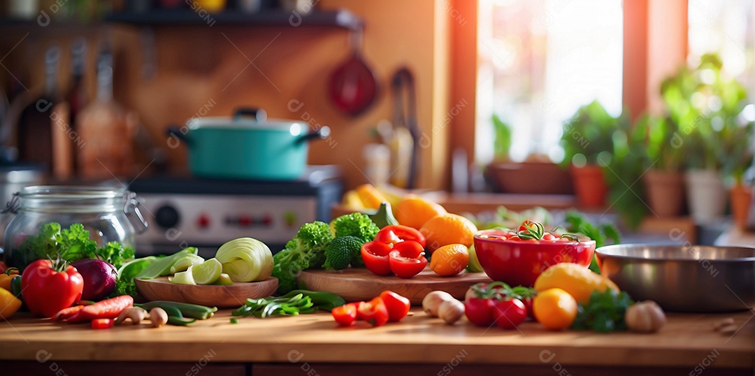 Alimentos saudáveis ​​sendo cozidos no fundo da cozinha cores vibrantes e brilhantes IA generativa