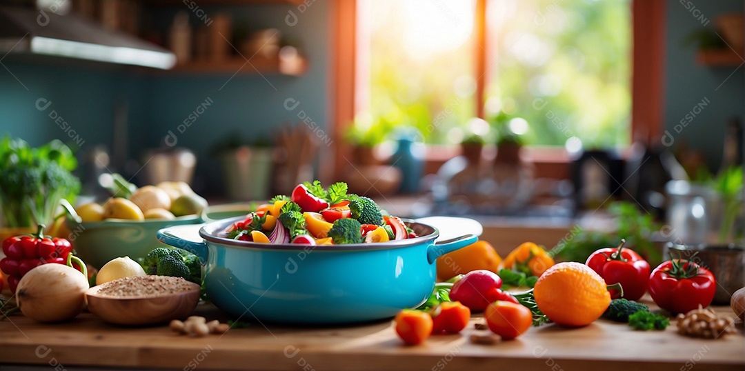 Alimentos saudáveis ​​sendo cozidos no fundo da cozinha cores vibrantes e brilhantes IA generativa