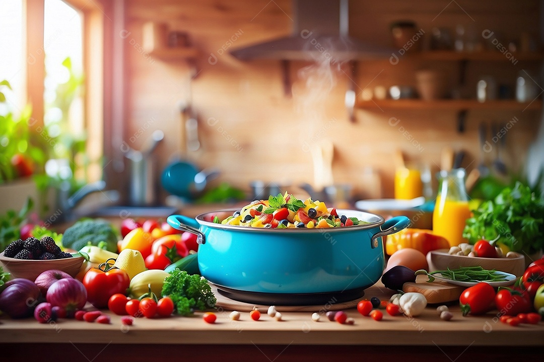 Alimentos saudáveis ​​sendo cozidos no fundo da cozinha cores vibrantes e brilhantes IA generativa