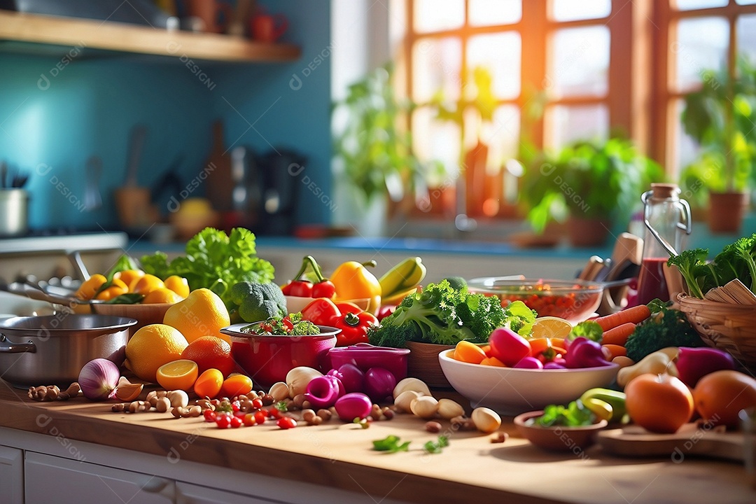 Alimentos saudáveis ​​sendo cozidos no fundo da cozinha cores vibrantes e brilhantes IA generativa