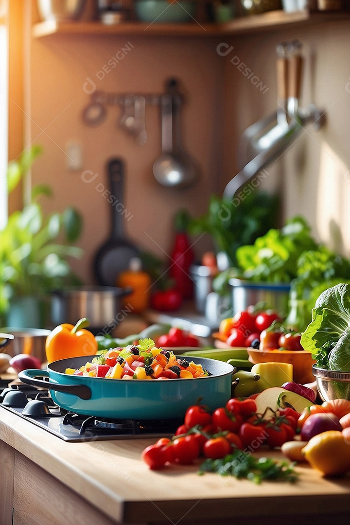 Alimentos saudáveis ​​sendo cozidos no fundo da cozinha cores vibrantes e brilhantes IA generativa