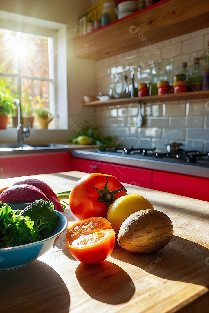 Alimentos saudáveis ​​sendo cozidos no fundo da cozinha cores vibrantes e brilhantes IA generativa