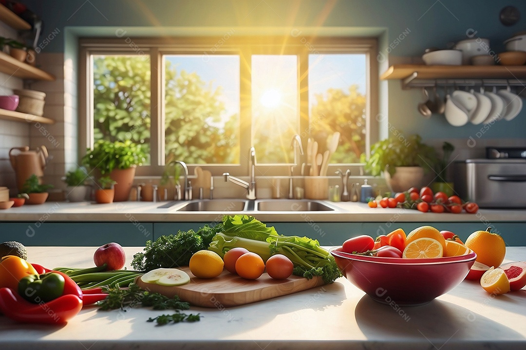 Alimentos saudáveis ​​sendo cozidos no fundo da cozinha cores vibrantes e brilhantes IA generativa