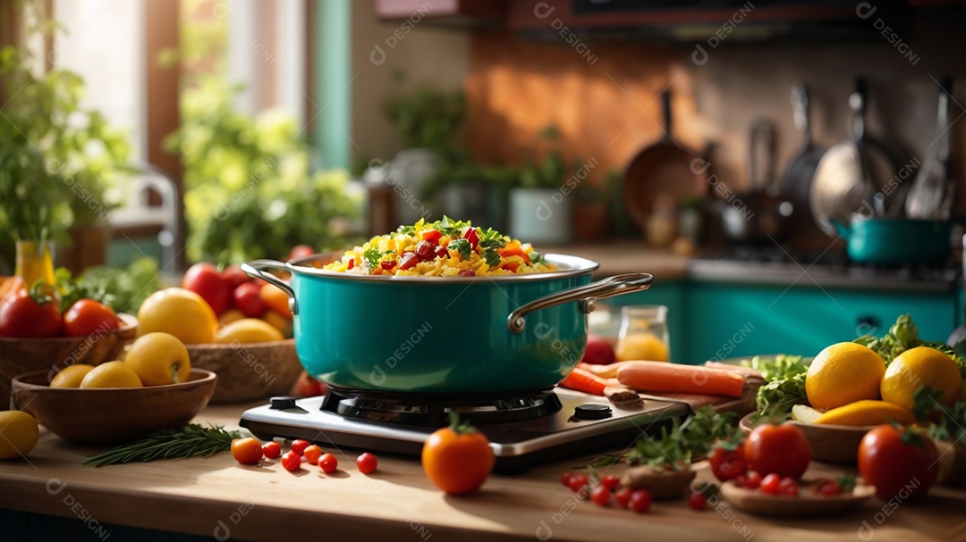 Alimentos saudáveis ​​sendo cozidos no fundo da cozinha cores vibrantes e brilhantes IA generativa