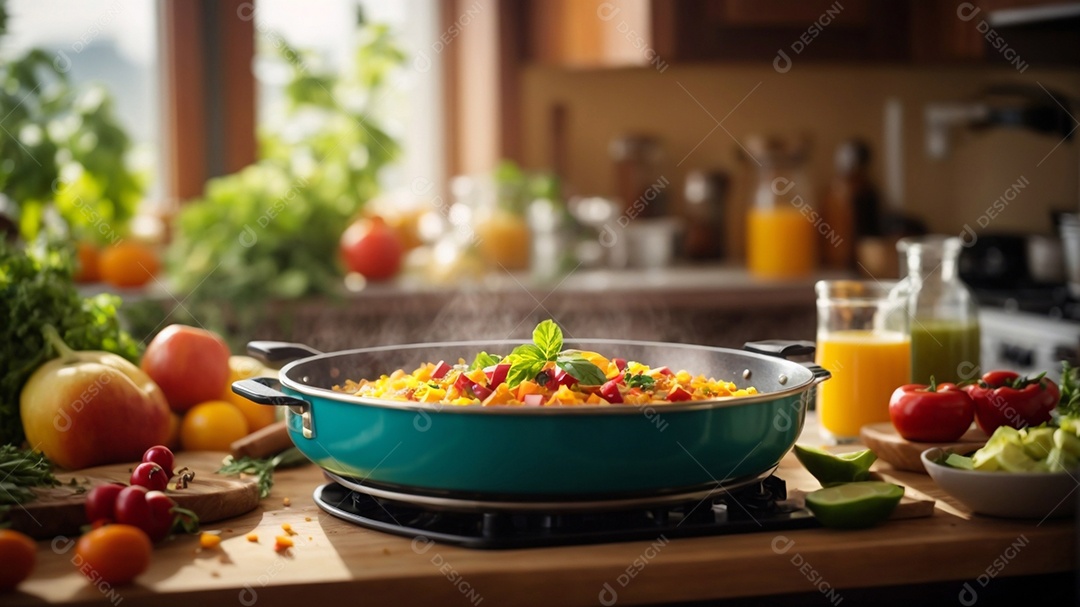 Alimentos saudáveis ​​sendo cozidos no fundo da cozinha cores vibrantes e brilhantes IA generativa