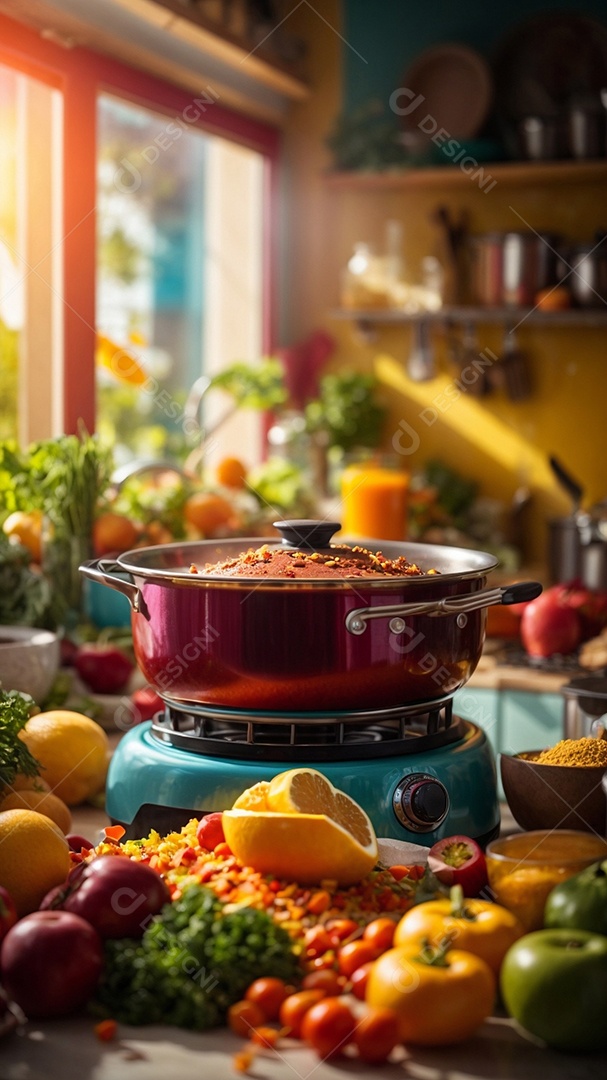 Alimentos saudáveis ​​sendo cozidos no fundo da cozinha cores vibrantes e brilhantes IA generativa