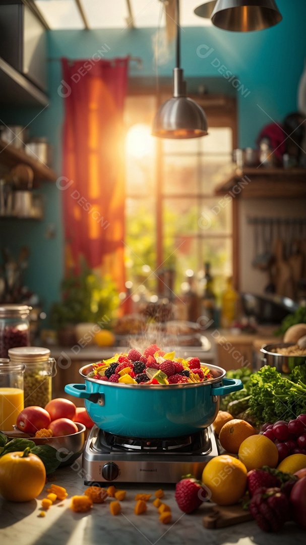 Alimentos saudáveis ​​sendo cozidos no fundo da cozinha cores vibrantes e brilhantes IA generativa
