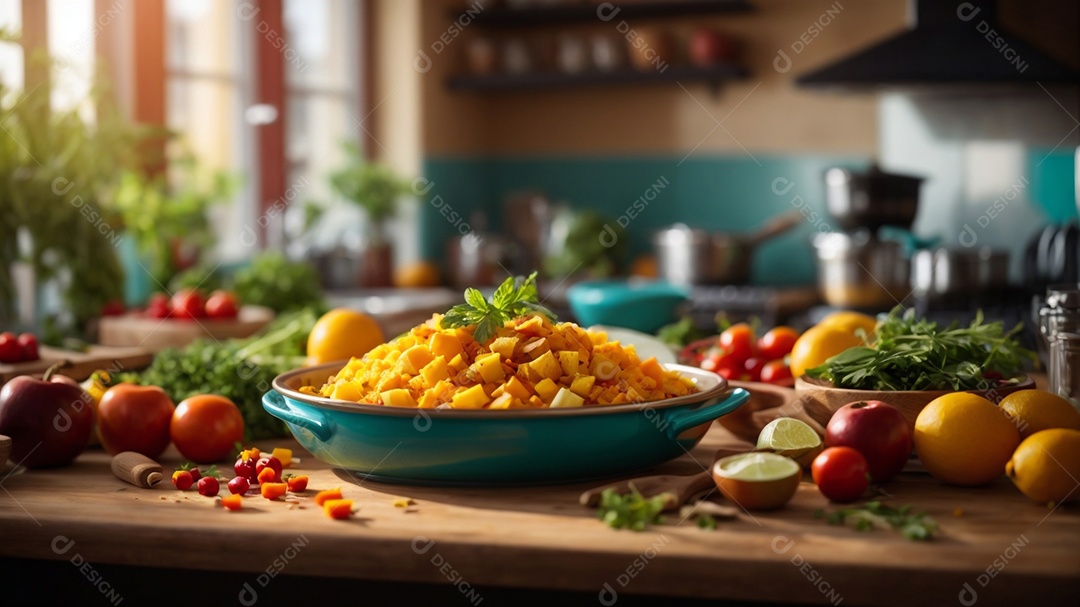 Alimentos saudáveis ​​sendo cozidos no fundo da cozinha cores vibrantes e brilhantes IA generativa