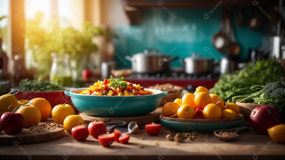 Alimentos saudáveis ​​sendo cozidos no fundo da cozinha cores vibrantes e brilhantes IA generativa