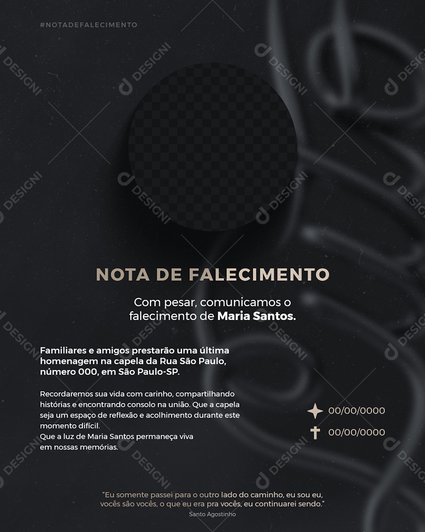 Nota de Falecimento Familiares e Amigos Prestarão uma Ultima Homenagem Social Media PSD Editável