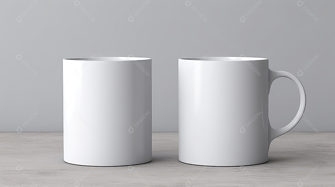 Caneca branca sobre uma mesa de madeira contra um fundo preto