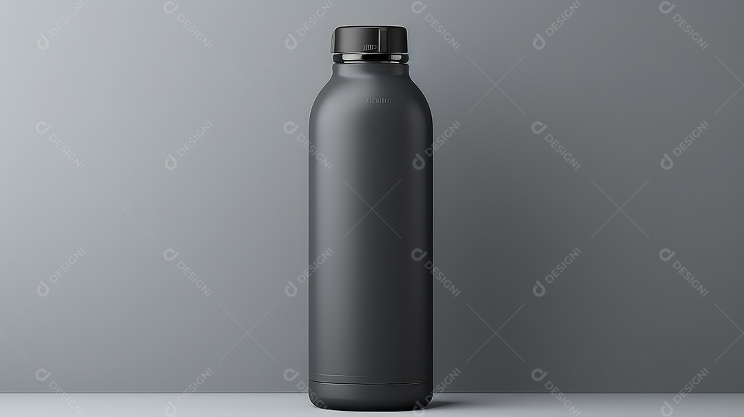 Garrafa plástica preta em branco sobre fundo cinza