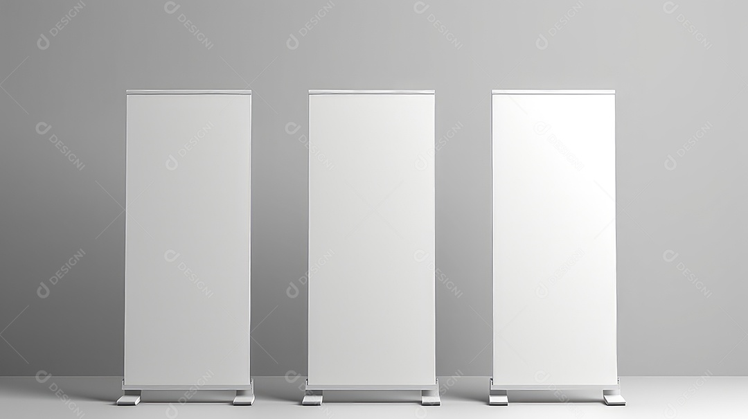 Modelo de banner enrolado em branco em frente a uma parede branca