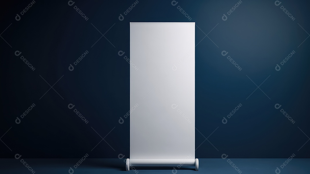 Suporte para banner roll-up em branco na sala azul