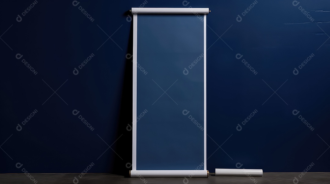 Suporte para banner roll up em branco na sala azul