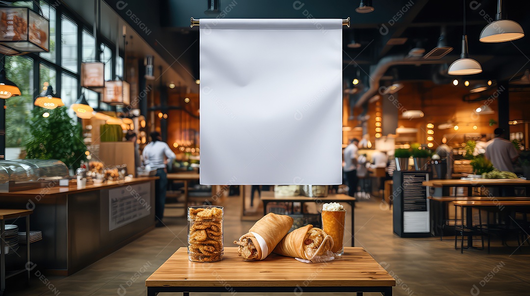 Cartaz branco em branco sobre uma mesa de madeira em uma cafeteria