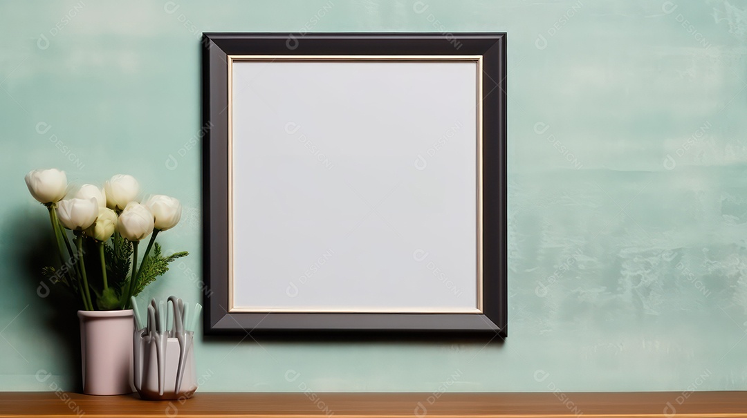 Porta retratos com tulipas brancas em um vaso em uma prateleira de madeira