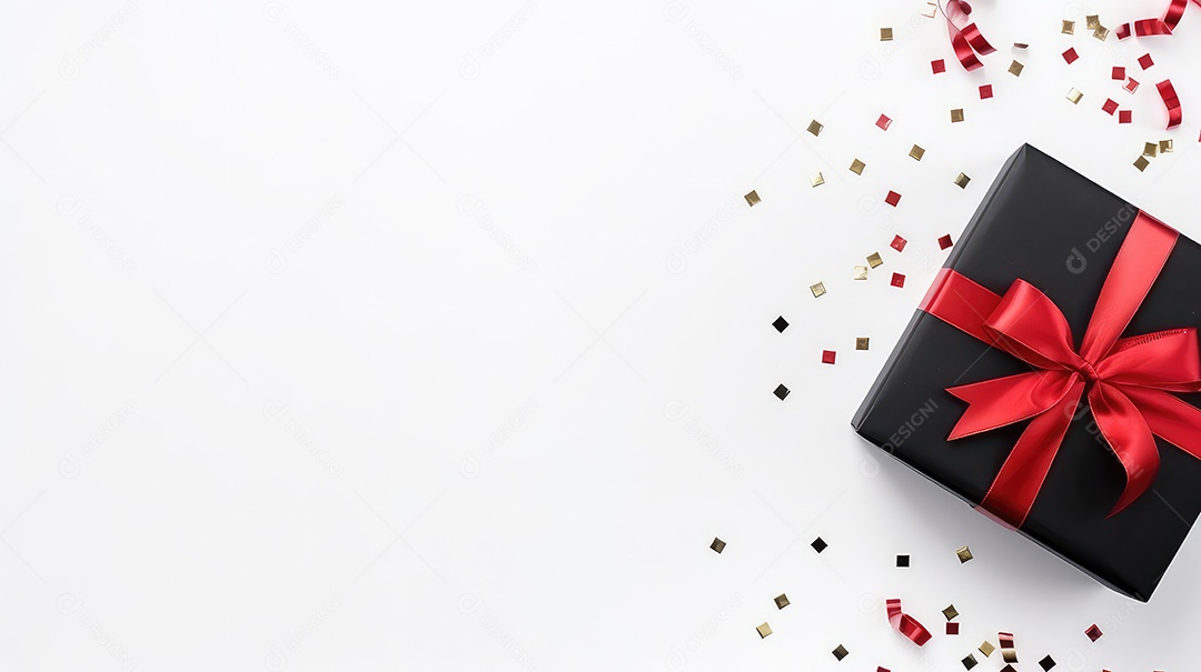 Caixa de presente preta com fita vermelha em fundo branco