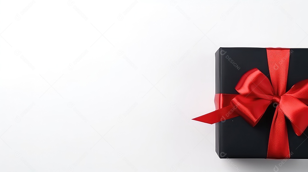 Caixa de presente preta com fita vermelha em fundo branco