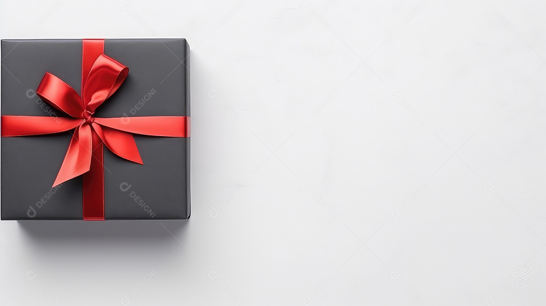 Caixa de presente preta com fita vermelha em fundo branco