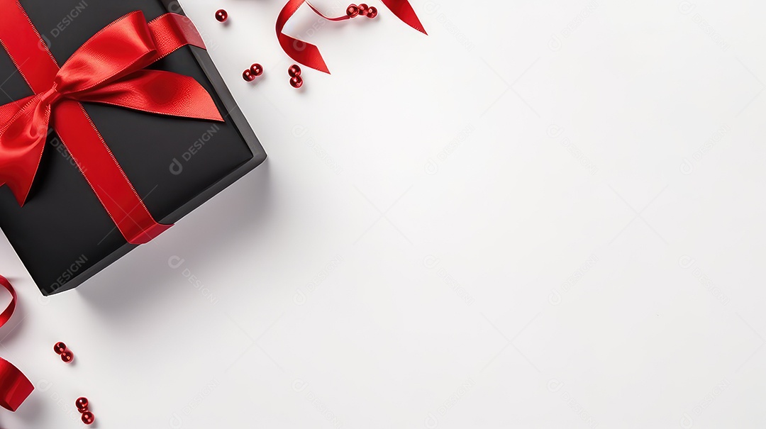 Caixa de presente preta com fita vermelha em fundo branco