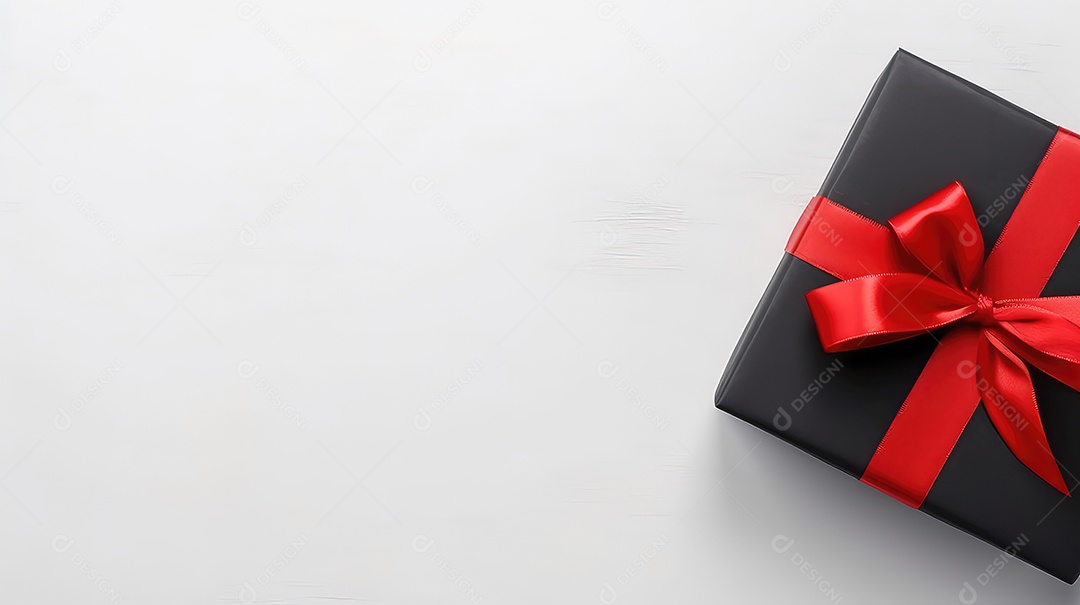 Caixa de presente preta com fita vermelha em fundo branco
